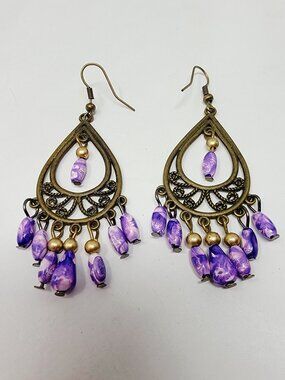 Vintage Brass Tone Pink & Purple plastic beaded Boho Dangly Earrings